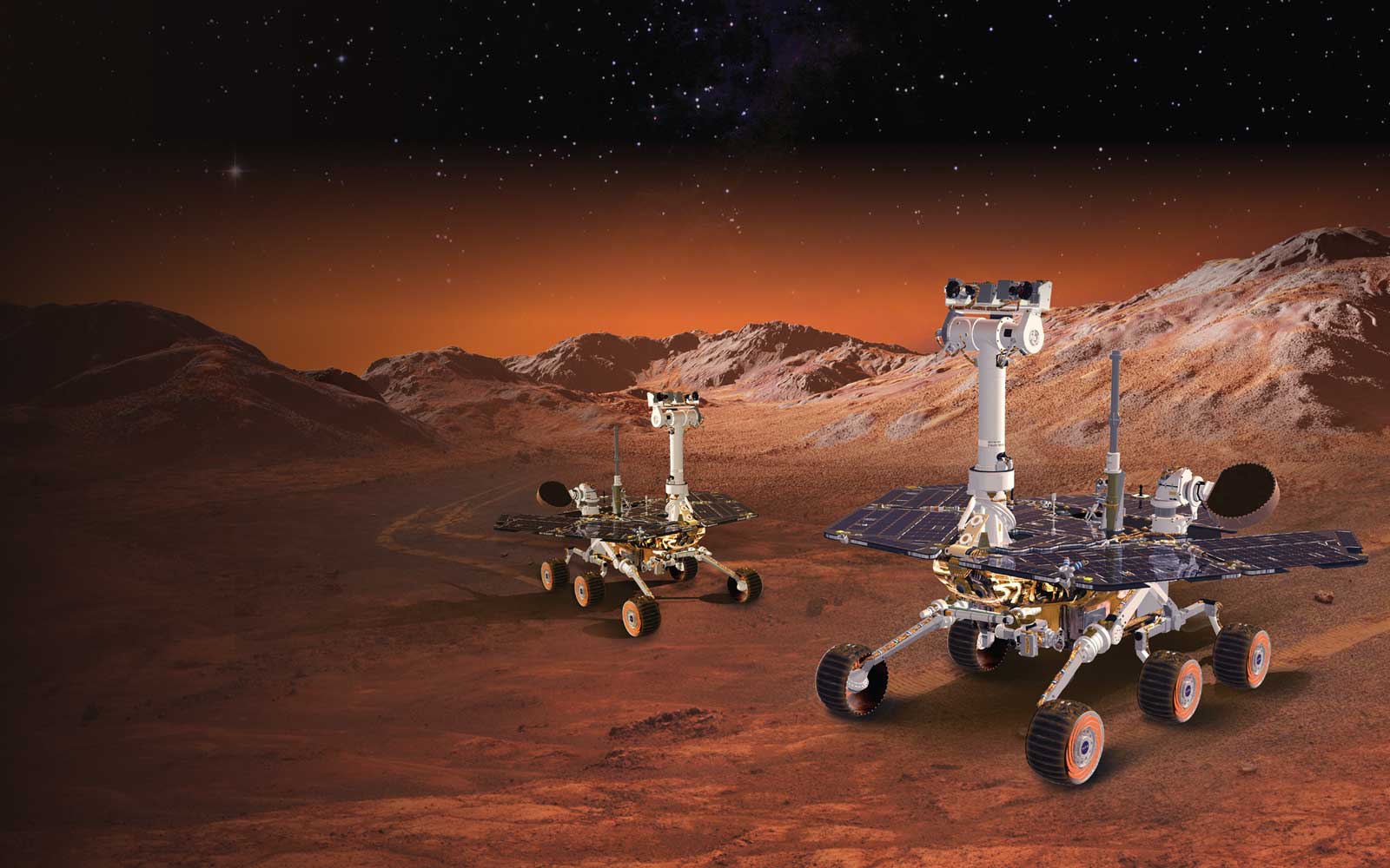 An artist-rendered image of the Spirit and Opportunity rovers on Mars